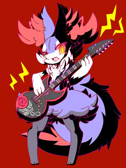 3_toes 7-string_guitar anthro blush chest_tuft dipstick_tail electric_guitar feet front_view fur glowing glowing_eyes guitar inner_ear_fluff markings multicolored_body multicolored_fur multicolored_tail music musical_instrument open_mouth playing_guitar playing_music plucked_string_instrument red_background simple_background solo standing string_instrument tail tail_markings toes tuft nyaswitchnya nintendo pokemon braixen generation_6_pokemon pokemon_(species) shiny_pokemon 2018 3:4 hi_res
