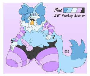 animal_genitalia animal_penis anthro arm_warmers armwear ball_tuft balls belly belly_tuft big_butt black_balls black_body black_collar black_fur black_legs blue_body blue_fur blue_hair blue_inner_ear_fluff blue_tail border butt canine_genitalia canine_penis cheek_tuft chest_tuft clothing collar cowbell dipstick_tail dreadlocks ear_tuft erection eye_through_hair eyebrows eyelashes eyewear facial_tuft femboy fluffy fluffy_tail front_view fur genitals glasses gradient_background hair hand_on_hip hip_tuft horizontal_stripes huge_butt huge_thighs inner_ear_fluff kneeling knot legwear long_tail looking_at_viewer male markings moobs pattern_armwear pattern_clothing pattern_legwear pear-shaped_figure penis pink_arm_warmers pink_armwear pink_background pink_clothing pink_stockings pink_stripes pseudo_skirt sheath simple_background slightly_chubby slightly_chubby_male smile smiling_at_viewer solo stated_gender stated_height stated_species stockings striped_armwear striped_clothing striped_legwear stripes tail tail_markings text thick_thighs thigh_highs translucent translucent_hair tuft white_body white_border white_fur wide_hips drignov nintendo pokemon milo_(drignov) braixen generation_6_pokemon pokemon_(species) english_text hi_res model_sheet