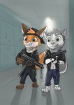 aisle anthro bad_trigger_discipline brown_eyes clothing duo green_eyes gun handgun hat headgear headwear holding_gun holding_object holding_ranged_weapon holding_weapon imminent_death male pistol ranged_weapon school school_shooting smile smiling_at_another smiling_at_each_other tec-9 walking weapon young wolfyalex96 columbine intratec alaskan_malamute canid canine canis domestic_dog fox husky mammal nordic_sled_dog spitz hi_res