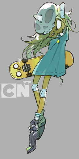 anthro armor bandage bandaged_arm blonde_hair clothing dress female footwear frown grey_background hair hand_behind_head headgear helmet horn knee_pads light long_shirt mean_look protective_gear shoes silhouetted_body simple_background skateboard slim slim_anthro slim_female socks solo symbol vehicle white_eyes yellow_body amiami adventure_time cartoon_network bronwyn_(adventure_time) jake_the_dog canid canine canis domestic_dog mammal pup_(adventure_time) rainicorn 1:2 lighting