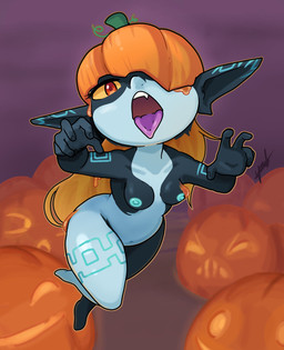 areola black_body blonde_hair blue_areola blue_markings blue_nipples bottom_heavy breasts female food front_view fruit grey_body hair humanoid_pointy_ears jack-o'-lantern long_hair looking_at_viewer markings navel nipples one_eye_obstructed open_mouth plant pointy_ears pumpkin purple_tongue red_eyes small_breasts solo thick_thighs tongue tongue_out wide_hips yellow_eyes yawlyawl090 nintendo the_legend_of_zelda twilight_princess midna humanoid imp twili absurd_res hi_res