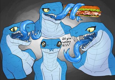 anthro big_eyes blue_body breasts dialogue face_lick fangs female food forked_tongue licking long_tongue looking_at_object looking_at_viewer multiple_poses pose pupil_dilation question sandwich_(food) scales self_lick sharp_teeth simple_background solo teeth text tongue tongue_out tongue_wrapped yellow_sclera yes-no_question knerbin blue-tongued_skink lizard reptile scalie skink snake 2026 absurd_res digital_drawing_(artwork) digital_media_(artwork) english_text half-length_portrait hi_res portrait