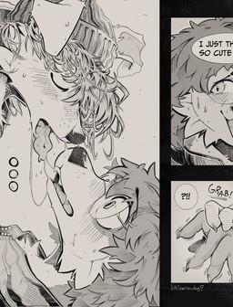 3_panel_comic anthro beanie blush bodily_fluids claws clothing dialogue duo eyes_closed eyewear floppy_ears glasses grabbing_hand hair hair_over_eye hat headgear headwear hoodie kissing male male/male messy_kiss saliva saliva_string text tongue tongue_out topwear wide_eyed littlearrowdog canid canine canis domestic_dog mammal comic english_text hi_res monochrome
