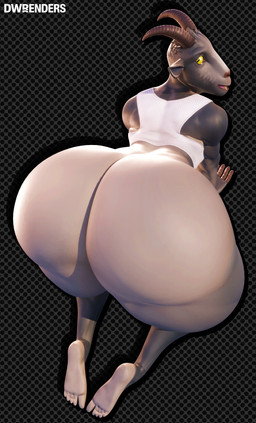 all_fours anthro big_butt black_outline bottomless butt clothed clothing crop_top dotted_background feet female fingers fur grey_background grey_body grey_fur hooved_fingers hooves horizontal_pupils horn huge_butt huge_thighs humanoid_feet looking_at_viewer looking_back looking_back_at_viewer muscular muscular_anthro muscular_female open_mouth outline pattern_background plantigrade presenting presenting_hindquarters pupils shirt simple_background solo teeth text thick_thighs topwear yellow_eyes dwrenders dollymolly323_(modeler) coffee_stain_studios epic_games fortnite goat_simulator pilgor_(goat_simulator) bovid caprine goat mammal 2026 3d_(artwork) artist_name digital_media_(artwork) hi_res signature