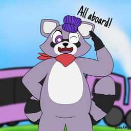 anthro clothing eyes_closed fur gloves grey_body handwear happy hat headgear headwear kerchief kerchief_only looking_at_viewer male mostly_nude neckerchief neckerchief_only neckwear simple_background smile smiling_at_viewer solo tail teeth text train vehicle blista_kanjo indigo_park rambley_raccoon mammal procyonid raccoon 1:1 2024 digital_drawing_(artwork) digital_media_(artwork) english_text hi_res signature watermark
