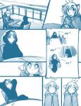 2015 anthro blue_and_white cloak clothing comic conditional_dnp duo felid female flora_(twokinds) fur furniture hair human keidran male mammal monochrome outside pantherine simple_background sketch table tiger tom_fischbach trace_legacy twokinds white_background