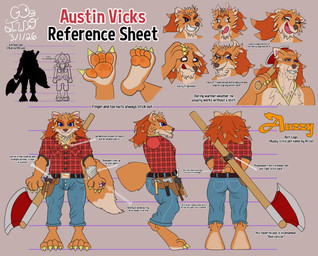 anthro axe bandage bandaged_arm belt belt_buckle bite biting_lip blue_eyes bottomwear buckle cheek_tuft chest_tuft clothing denim denim_bottomwear denim_clothing digit_ring expressions eyebrows facial_hair facial_tuft fangs fur goatee hair height_comparison holding_head holding_object holding_weapon jeans jewelry laugh logo_on_clothing male necklace one_eye_closed orange_body orange_fur orange_hair pants pattern_clothing pattern_shirt pattern_topwear pawpads plaid plaid_clothing plaid_shirt plaid_topwear red_clothing red_shirt red_topwear ring shirt shocked silhouette smile smiling_at_viewer solo tail teeth text thick_eyebrows tool_belt topwear tuft weapon wedding_ring wink go-two gigachad bovid canid canine caprine fox goat mammal red_fox true_fox absurd_res english_text hi_res model_sheet