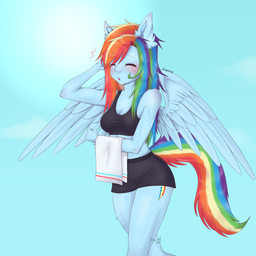 anthro anthrofied blue_background blue_body blue_feathers blush bodily_fluids bottomwear bra breasts cleavage clothed clothing cutie_mark eyebrows eyelashes eyes_closed feathered_wings feathers female hair long_hair multicolored_hair open_mouth outside rainbow_hair simple_background skirt sky solo sports_bra sun sweat towel underwear wings suqarskvll friendship_is_magic hasbro my_little_pony mythology rainbow_dash_(mlp) equid equine mammal mythological_creature mythological_equine pegasus 1:1 2018 absurd_res hi_res portrait signature three-quarter_portrait