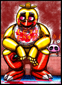 2_toes 5_fingers ambiguous_gender anthro arms_bent beak bench bent_legs bib_only black_border black_eyebrows blood blood_on_bib blood_on_face bodily_fluids border brown_background claws clothing duo eyebrows feet female female_anthro fingers front_view glowing glowing_eyes holding_pizza_cutter larger_anthro larger_female leaning_on_knee light machine no_pupils on_bench open_beak open_mouth orange_beak pink_eyes pizza_cutter plate simple_background sitting sitting_on_bench size_difference sleeping smaller_ambiguous talons teeth text text_on_bib text_on_clothing thick_eyebrows toe_claws toes toothed_beak white_claws yellow_body tehcreechibi five_nights_at_freddy's scottgames chica_(fnaf) cupcake_(fnaf) animatronic avian bird chicken galliform phasianid robot 2015 artist_name colored_pencil_(artwork) english_description english_text lighting marker_(artwork) traditional_media_(artwork)