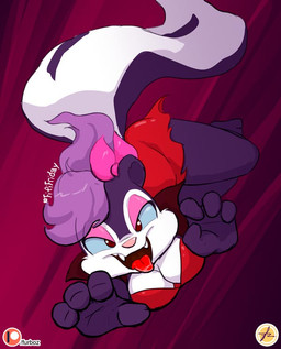 accessory anthro barefoot bow_(feature) bow_accessory bow_ribbon breasts cleavage clothed clothing fangs feet female fur hair hair_accessory hair_bow hair_ribbon hashtag looking_at_viewer open_mouth purple_body purple_fur purple_hair red_eyes ribbons solo teeth toes tongue tongue_out white_body white_fur furboz tiny_toon_adventures warner_brothers fifi_la_fume mammal mephitid skunk striped_skunk vampire