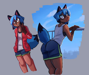 anthro big_butt biped bottomwear breasts butt claws clothed clothed_anthro clothed_female clothing female fingers front_view fully_clothed fully_clothed_anthro fully_clothed_female fur hair looking_at_viewer rear_view smile solo standing tail teeth topwear enginetrap brand_new_animal studio_trigger michiru_kagemori canid canine mammal raccoon_dog tanuki 2026 digital_drawing_(artwork) digital_media_(artwork) hi_res