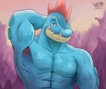 armpit_hair body_hair male muscular muscular_humanoid muscular_male simple_background solo bara-diction gazuki nintendo pokemon alligator alligatorid crocodile crocodilian feraligatr generation_2_pokemon humanoid pokemon_(species) reptile scalie hi_res