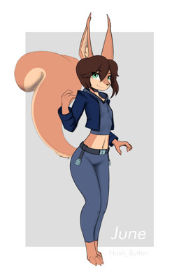 4_fingers anthro barefoot big_tail biped border bottomwear brown_hair brown_nose claws clothed clothed_anthro clothed_female clothing countershade_face countershade_neck countershade_tail countershade_torso countershading digitigrade eyebrow_through_hair eyebrows eyelashes eyelashes_through_hair feet female female_anthro fingers fully_clothed fully_clothed_anthro fully_clothed_female fur green_eyes hair iris jacket long_ears looking_at_viewer navel navel_line orange_body orange_fur outside_border pants pointy_ears prick_ears pupils snout solo standing tail text toe_claws toes topwear translucent translucent_hair white_border hush_button june_(hush_button) mammal rodent sciurid tree_squirrel artist_name character_name hi_res
