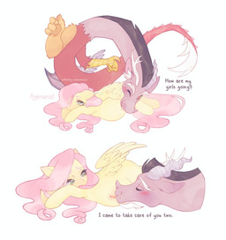 2_horns 4_fingers belly belly_kiss blush daww dialogue duo ears_down eyebrows eyelashes facial_hair feathered_wings feathers feet female feral fingers goatee green_eyes half-closed_eyes happy horn inner_ear_fluff kissing larger_male long_body looking_at_another looking_at_partner love lying male male/female mane multicolored_body narrowed_eyes on_front one_eye_closed pawpads pink_mane pink_tail pivoted_ears pregnant pregnant_female pregnant_feral romantic romantic_couple semi-anthro simple_background size_difference smaller_female smile tail talons text toes tuft white_background wings wink yellow_body anemonaii friendship_is_magic hasbro my_little_pony mythology discord_(mlp) fluttershy_(mlp) chimera draconequus equid equine mammal mythological_creature mythological_equine pegasus english_text hi_res sequence signature