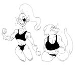 anthro arm_frill big_breasts bikini blush breasts buckteeth cleavage clothed clothing duo eye_patch eyes_closed eyewear female flat_chested frill_(anatomy) glasses hair head_crest head_frill non-mammal_breasts one-piece_swimsuit ponytail slightly_chubby slightly_chubby_anthro slightly_chubby_female smile standing swimwear tail teeth thick_tail thick_thighs two-piece_swimsuit wide_hips mhdrawin undertale undertale_(series) alphys undyne fish marine reptile scalie 2022 black_and_white hi_res monochrome portrait three-quarter_portrait