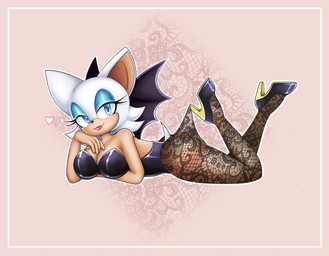 anthro arm_under_breasts blue_eyes breasts clothing eyelashes eyeshadow female footwear heart_symbol high_heels legwear leotard lying makeup on_front pantyhose shoes solo tan_body salty_kiwi hooked_on_heel_(trend) sega sonic_the_hedgehog_(series) rouge_the_bat bat mammal 2025 hi_res