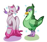 ambiguous_gender anthro beak biped claws dipstick_tail duo eyebrows feathers feet feral fur green_body green_feathers green_tail_feathers green_wings markings pink_body pink_eyebrows pink_feet pink_fur pink_tail_tip red_eyes red_nose simple_background standing tail tail_markings white_background white_body white_claws white_fur wings yellow_beak yellow_eyes solarbyte nintendo pokemon generation_5_pokemon mienshao pokemon_(species) shiny_pokemon tranquill 2013