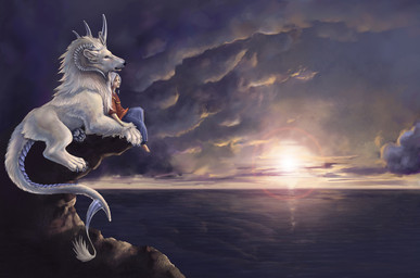 cloud detailed_background duo feral horn male mythical nature outside paws sea sunset tail water chelsea_howe manojalpa rhnn531136 shu_(manojalpa) zal_(manojalpa) human hybrid mammal artist_collaboration