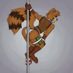 anthro brown_body butt claws clothed clothing dancing grey_background looking_back male money pawpads pole pole_dancing simple_background solo stripper hicanyoumooforme vance_(zephyrnok) mammal procyonid raccoon 1:1 2019 hi_res