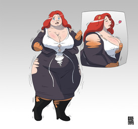 big_breasts blue_eyes breasts brown_body brown_fur claws clothing dress eyes_closed female footwear fur grey_background grey_clothing grey_dress hair heart_symbol high_heels human_to_anthro nipple_outline open_mouth overweight red_hair shoes simple_background solo species_transformation standing surprised text torn_clothing transformation weight_gain gillpanda bear human mammal 2013 digital_media_(artwork) english_text