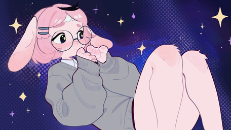 5_fingers accessory anthro bandage blush blush_lines clothed clothed_anthro clothed_male clothing detailed_background ears_down eyebrows eyewear femboy fingers fur glasses grey_clothing grey_sweater grey_topwear hair hair_accessory hairpin long_ears looking_at_viewer looking_away male mouth_closed pink_body pink_ears pink_eyebrows pink_fur pink_hair pink_nose pivoted_ears purple_background round_glasses shirt simple_background solo sparkles sweater topwear wearing_glasses white_clothing white_collared_shirt white_shirt white_topwear krapekk lagomorph leporid mammal rabbit 2025 2d_animation animated digital_media_(artwork) live2d_cubism_(artwork) motion_tweening