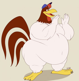 anthro baseball_cap beak belly big_belly big_butt big_tail butt clothing hat headgear headwear male moobs musclegut muscular muscular_arms obese obese_anthro obese_male open_beak open_mouth overweight overweight_anthro overweight_male solo tail eon54 looney_tunes warner_brothers foghorn_leghorn avian bird chicken galliform phasianid 2023 hi_res