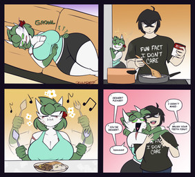 arm_scar big_breasts black_bottomwear black_clothing black_hair black_shorts bottomwear breasts clothed clothed_female clothed_human clothed_humanoid clothed_male clothing cooking cutlery dialogue duo eating female fork green_body green_eyes green_hair hair hug kitchen_utensils male male/female multicolored_body scar shirt shorts speech_bubble spoon t-shirt tank_top teal_clothing teal_shirt teal_tank_top teal_topwear text tools topwear two_tone_body white_body dewwydarts nintendo pokemon alex_(dewwydartz) gardevoir generation_3_pokemon human humanoid mammal pokemon_(species) 2026 comic english_text hi_res