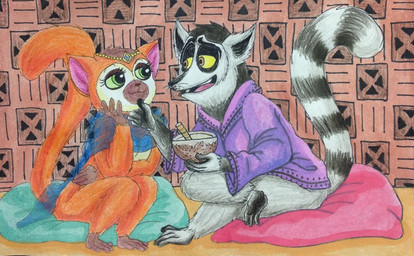 anthro blue_scarf bowl clothing container duo female female_anthro fur furniture grey_body grey_fur hand_on_chin holding_bowl holding_container holding_object looking_at_another looking_at_partner male male/female male_anthro mouth_closed open_mouth open_smile orange_body orange_fur purple_clothing purple_robe raised_tail robe scarf sitting smile sofa tail puku83 all_hail_king_julien dreamworks madagascar_(series) clover_(madagascar) king_julien crowned_lemur lemur mammal primate ring-tailed_lemur strepsirrhine