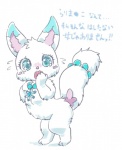 anthro blue_body blue_eyes blue_fur blush bracelet breasts chest_tuft female fluffy fluffy_tail fur jewelry multicolored_body multicolored_fur necklace simple_background snowflake solo tail text tuft two_tone_body two_tone_fur white_background white_body white_fur nosen jewelpet sanrio sega sega_fave larimar_(jewelpet) arctic_fox canid canine fox mammal true_fox japanese_text translation_request