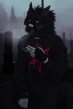 anthro cemetery cigarette ear_piercing fog foggy_background male piercing relaxing smoking smoking_cigarette solo straps excaliburwolf canid canine mammal hi_res