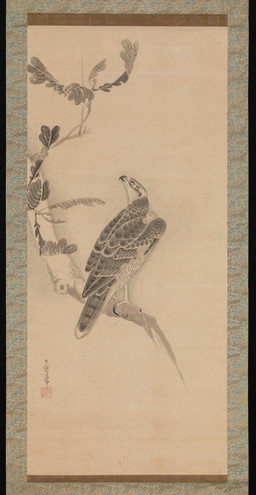 ambiguous_feral ambiguous_gender avian_feet beak biped bipedal_feral branch feathered_wings feathers feet feral leaf on_branch rear_view simple_background solo standing tail tail_feathers talons toes wings soga_nichokuan public_domain accipitrid accipitriform avian bird 17th_century absurd_res ancient_art hi_res monochrome painting_(artwork) traditional_media_(artwork) traditional_painting_(artwork)