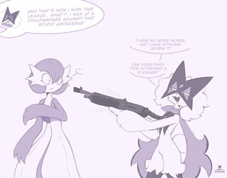 ambiguous_gender anthro duo eyes_closed fangs featureless_crotch fur gun hair holding_object holding_weapon narrowed_eyes open_mouth pseudo_clothing pseudo_hair ranged_weapon shocked shotgun simple_background speech_bubble tail teeth text tongue weapon razgrizdl nintendo pokemon felid feline gardevoir generation_3_pokemon generation_9_pokemon humanoid mammal meowscarada pokemon_(species) 2025 english_text monochrome signature