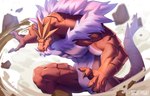 2022 5_fingers abs absurd_res anthro artist_name black_sclera blue_eyes casual_nudity countershading dated digital_media_(artwork) dirt fansl featureless_crotch fighting_pose fingers fossil_pokemon generation_6_pokemon head_crest hi_res looking_at_viewer male muscular muscular_anthro muscular_arms muscular_male nintendo pecs pokemon pokemon_(species) pose red_body serious solo spiked_tail spikes spikes_(anatomy) tail tyrantrum white_body