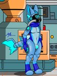 anthro clothing drone industrial_background latex latex_clothing machine male null_bulge reprogramming shark_tail solo blue_omega protogen robot absurd_res hi_res