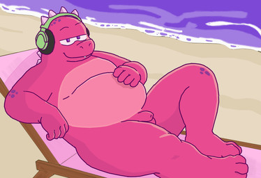 anthro barnibun belly electronics genitals headphones male overweight overweight_male penis pink_body sea small_penis solo water gameoverse glitch_productions gobbles_(gameoverse) dinosaur prehistoric_species reptile scalie