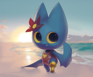 beach chibi clothing female flower flower_on_head one-piece_swimsuit pegleg plant realistic_lighting realistic_shading seaside solo standing sunset swimwear inkune cartoon_network mao_mao:_heroes_of_pure_heart adorabat bat mammal hi_res
