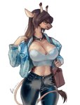 anthro big_breasts bottomwear bra breasts brown_hair cleavage clothed clothing eyewear female fully_clothed hair horn jewelry midriff necklace open_clothing open_shirt open_topwear ossicone pants purse shirt solo sunglasses tail tail_tuft topwear tuft underwear shanher anna_cheng_(character) giraffe giraffid mammal absurd_res hi_res