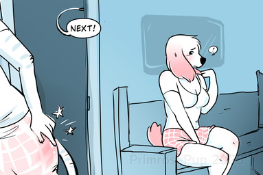 anthro butt_slap clothing corporal_punishment female onomatopoeia scared school school_uniform screaming sitting slap solo sound_effects spanking text uniform waiting waiting_for_turn primrosepup primrose_(primrosepup) canid canine canis domestic_dog mammal
