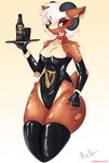 alcohol anthro beer beverage breasts collar female horn latex red_eyes solo tongue tongue_out mxmx guinness bovid caprine goat mammal absurd_res hi_res