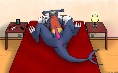 animal_genitalia bed book butt electronics feral furniture furniture_lamp genital_slit genitals inside lamp male outlet phone picture_frame pillow presenting presenting_hindquarters solo fluffyfoxxo nintendo pokemon canid canine fox garchomp generation_4_pokemon mammal pokemon_(species) absurd_res hi_res