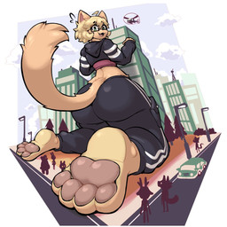 against_building aircraft ambiguous_gender anthro big_butt black_bottomwear black_clothing black_pants black_topwear bottomwear brown_pawpads butt car clothing eyewear fur glasses green_eyes helicopter larger_ambiguous looking_at_another looking_back looking_back_at_another macro pants pattern_clothing pattern_topwear pawpads plant size_difference smaller_ambiguous striped_clothing striped_topwear stripes tail topwear tree vehicle yellow_body yellow_fur yellow_tail baronflint paige_(p4wsized) domestic_cat felid feline felis mammal 1:1