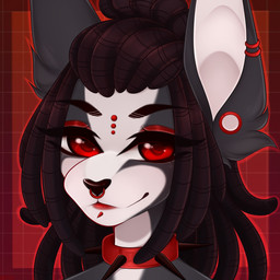 anthro black_hair collar dreadlocks ear_piercing facial_piercing female forehead_piercing hair labret_piercing lip_piercing lips looking_at_viewer multiple_piercings nose_piercing piercing red_eyes red_lips smile solo spiked_collar spikes vertical_bridge_piercing beta_tata cirice_(lunaloveluna) hybrid 1:1 hi_res