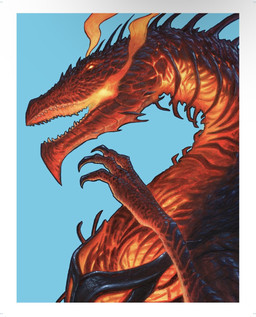 ambiguous_form ambiguous_gender blue_background border breath_powers claws elemental_manipulation fire fire_breathing fire_manipulation glowing glowing_eyes horn open_mouth red_body red_scales scales side_view simple_background solo teeth white_border tyler_walpole hasbro magic:_the_gathering mythology wizards_of_the_coast herigast_(magic:_the_gathering) dragon mythological_creature mythological_scalie scalie 2024 hi_res official_art