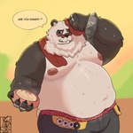 anthro belly bodily_fluids bottomwear bracelet clothed clothing eyewear fur glasses jewelry male moobs multicolored_body multicolored_fur navel nipples overweight pants solo spiked_bracelet spikes sweat text topless topless_anthro topless_male miciusckacke89 mihoyo zenless_zone_zero pan_yin_hu bear giant_panda mammal 1:1 2025 english_text hi_res