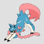 1:1 2021 absurd_res ambiguous_gender ass_up black_inner_ear blue_body blue_fur canid canine claws feral fur generation_8_pokemon grey_background hi_res legendary_pokemon looking_at_viewer mammal nintendo pokemon pokemon_(species) pose red_tail simple_background solo stretching tail white_body white_fur wolfwithwing yellow_eyes zacian