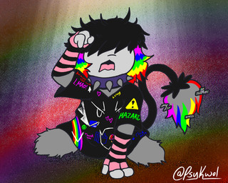 3_fingers anthro arm_warmers armwear bangs black_clothing black_shirt black_topwear clothing collar covered_eyes female fingers hair lgbt_pride looking_up messy_fur messy_hair multicolored_hair open_mouth paintbrush_tail pattern_arm_warmers pattern_armwear pattern_clothing pride_colors rainbow_hair shirt sitting solo sparklefur spiked_collar spikes striped_arm_warmers striped_armwear striped_clothing stripes topwear webcore psykwol nintendo pokemon vivi_(psykwol) generation_2_pokemon pokemon_(species) smeargle 5:4