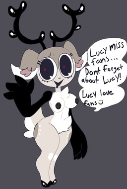 anthro antlers areola big_ears black_antlers black_areola black_eyes black_nipples black_nose breasts crotch_tuft dialogue eyelashes female freckled_face freckles fur genitals grey_background grey_body grey_fur hooves horn looking_at_viewer navel nipples simple_background solo speech_bubble talking_to_viewer text thick_thighs tuft vulva white_body white_fur wide_hips mschaox6 lucy_(mschaox6) deer mammal english_text hi_res