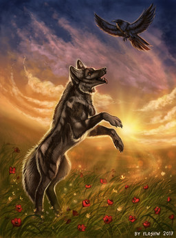 ambiguous_gender beak black_beak black_body black_claws black_feathers black_fur black_lips black_markings black_nose black_pawpads brown_eyes claws cloud day detailed_background digitigrade duo feathered_wings feathers feet feral flower flying fur grass grey_body grey_fur inner_ear_fluff lens_flare lips long_mouth markings no_sclera open_mouth outside pawpads paws pink_tongue plant red_flower sky smile snout spread_wings standing sun talons teeth toes tongue tongue_out tuft whiskers wings yellow_flower flashw avian bird canid canine canis mammal wolf 2017 digital_media_(artwork) digital_painting_(artwork) hi_res painting_(artwork)