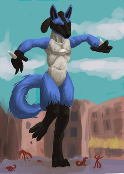 ambiguous_gender anthro black_body black_fur blood blue_body blue_fur blue_sky bodily_fluids city claws cloud crushed_micros death extreme_size_difference eyes_closed fur gore group kneeling looming_over macro male male/ambiguous micro muscular muscular_male nude_macro nude_male outside public public_nudity scared sitting size_difference sky standing stomping tail white_body white_fur jeri_kleinlowe nintendo pokemon ambiguous_species generation_4_pokemon lucario pokemon_(species) 2011 colored hi_res