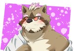 anthro biped black_nose blush brown_body clothing eyewear glasses humanoid_hands kemono male shirt solo topwear danukiii lifewonders live_a_hero viscunam mammal procyonid raccoon 2022 hi_res portrait